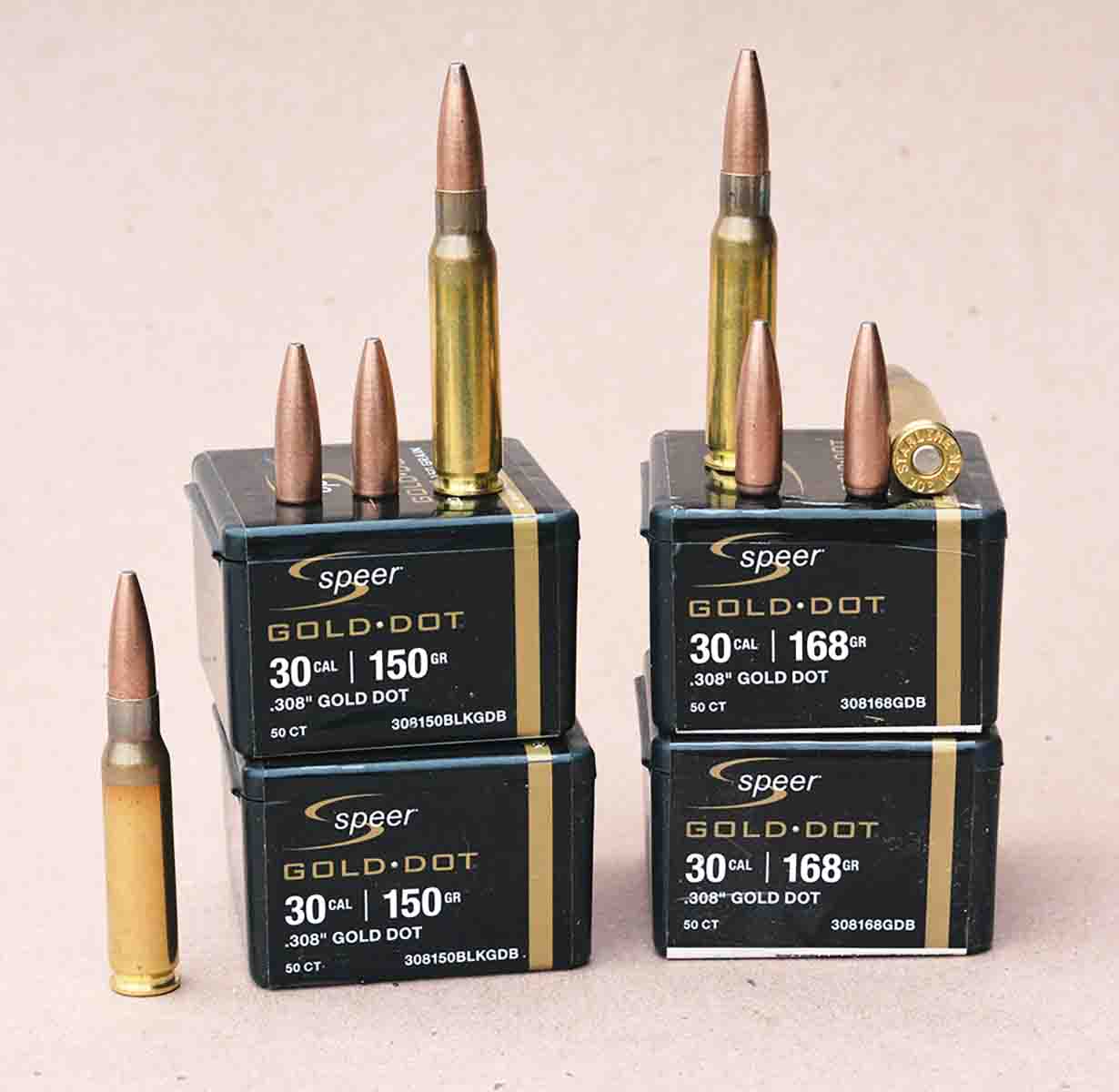 Speer Gold Dot bullets are available in 150- and 168-grain weights and feature bonded construction that results in excellent terminal performance on game.
